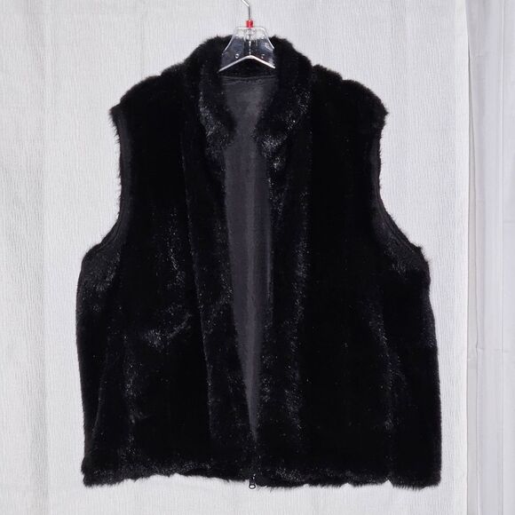Prague Black Faux Fur Reversible Silk Blend Zip Front Side Pockets Dressy Vest - Picture 2 of 10